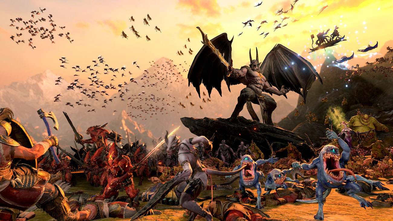 Different species of creatture are fighting on ground and flying in the sky